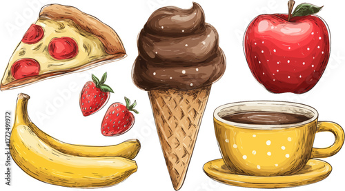 The selection of healthy and unhealthy food choices, including fruits, snacks, fast food, and desserts, like apples, bananas, pizza, and ice cream, for the purpose of a diet illustration drawing
