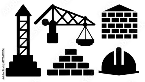Construction site icons featuring crane tower bricks and safety helmet design