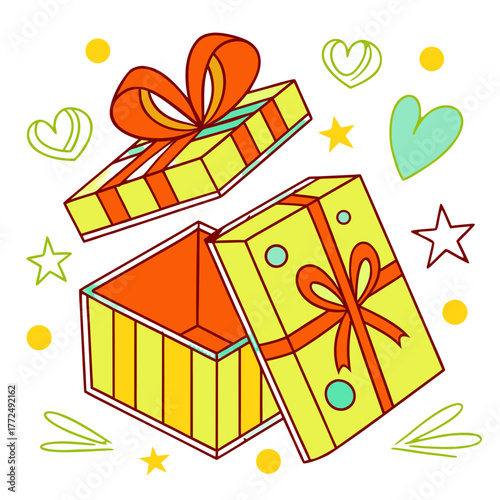 Vector illustration of wrapped gift box with bow, open lid, festive decor, modern colorful flat style