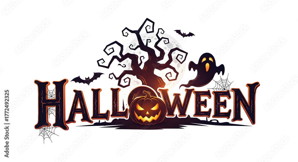 Fototapeta premium ハロウィンの夜の不気味なカボチャと幽霊のロゴ