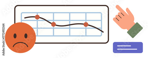 Sad face beside a downward trend graph with red nodes, a pointing hand, blue card. Ideal for business loss, economic decline, poor performance, failure, recession, financial crisis simple flat