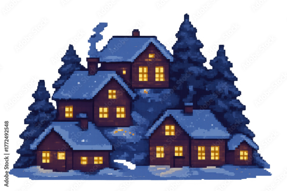 Naklejka premium Pixel art winter village at night with snow-covered cabins, glowing windows, festive holiday atmosphere, transparent background