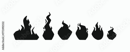 Black fire silhouettes set showing various flame intensities. Flat vector illustration for game assets, danger warnings, energy, and heat concepts