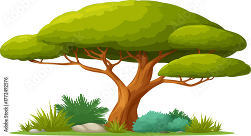 A contemporary depiction of a thriving, green tree with intricate leaves and a robust trunk, set against a white backdrop, representing the dynamic vitality of nature