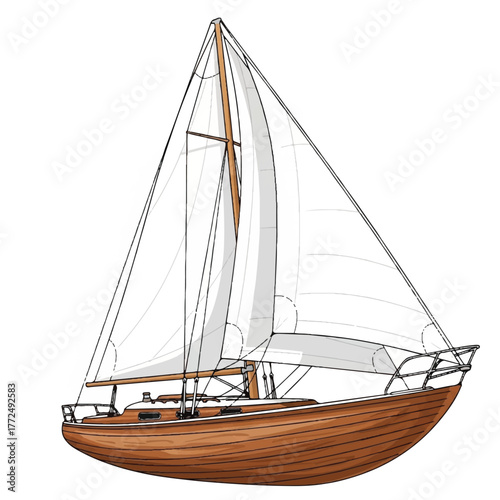 a handcrafted wooden sailboat with smooth brown finish and billowing white sails, representing mastery and the thrill of ocean voyages