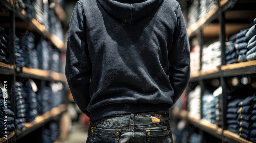 Fototapeta premium Person browsing through a factory outlet store with organized denim shelves