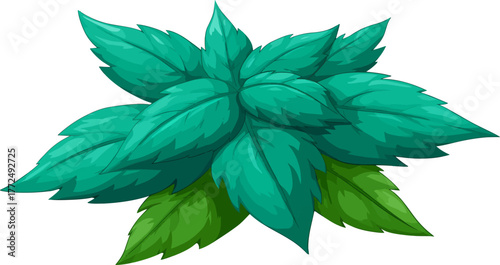 A lone tropical palm leaf and green plant are set against a white background