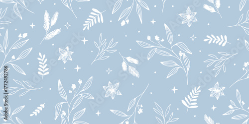 Seamless pattern with winter spruce branches and herbs.   Botanical element in line art style