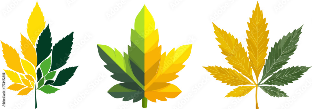 Obraz premium A stylized depiction of a marijuana plant featuring bright green and yellow leaves set against a white backdrop