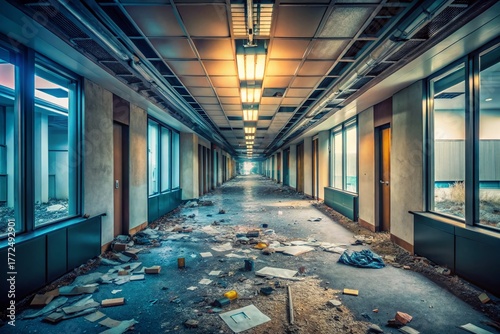 Deserted Office Corridor: Dirty Floor, Aerial View - Stock Photo