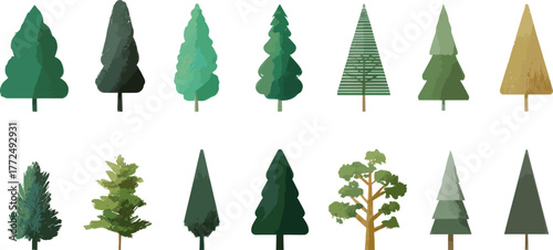 A stylized illustration, characterized by low-poly graphics, shows a green evergreen tree with its trunk colored brown, placed on a completely white background