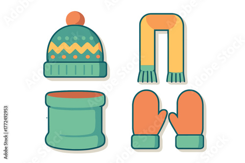 Cozy collection of winter accessories including a knit hat, warm scarf, neck gaiter, and mittens