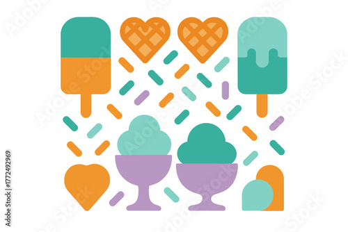 Colorful arrangement of popsicles, ice cream sundaes, waffle hearts, and scattered sprinkles