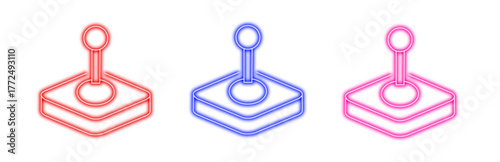 Three retro video game joysticks in red, blue, and pink neon outline, presented in isometric view