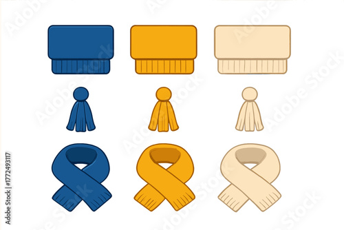 Collection of warm knitted winter caps and scarves in blue, yellow, and cream colors