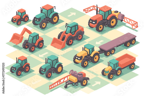 Collection of heavy duty agricultural machinery including tractors loaders sprayers and trailers