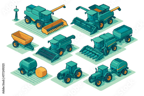 Isometric set of modern farm machinery combine harvesters tractors and balers