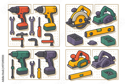Essential power tools and hand tools organized on a workshop pegboard wall display