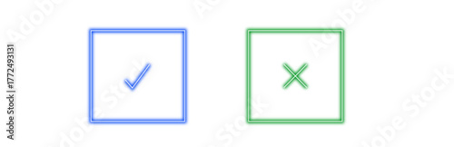Two square icons, one with a blue checkmark and the other with a green cross, representing correct and incorrect choices