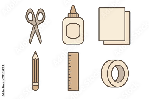 Essential crafting and school supplies set including scissors, glue, paper, pencil, ruler, and adhesive tape