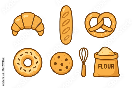Assortment of popular baked goods and essential baking tools like croissant, pretzel, and whisk