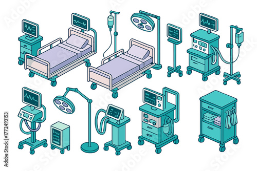 Isometric set of essential medical equipment for hospital rooms and intensive care units