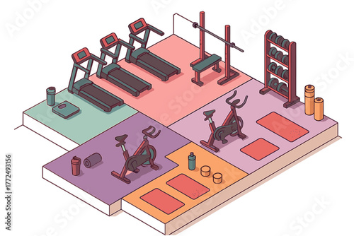 Isometric view of a modern gym interior featuring cardio machines weight racks and yoga mats