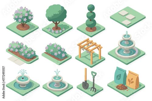 Isometric set of garden and park landscaping elements including trees, bushes, fountains, and tools