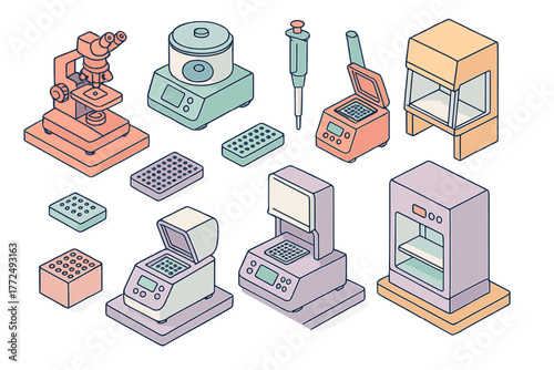 Isometric set of essential biotechnology and chemistry laboratory equipment