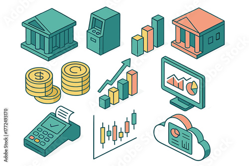 Isometric finance and banking concepts featuring currency, data analysis, and payment technology