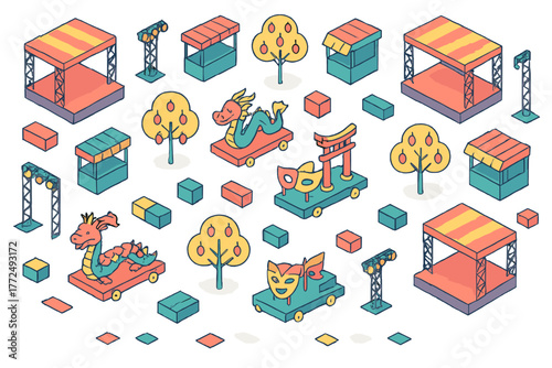 Isometric festival and parade assets including stages, market stalls, trees, and dragon floats