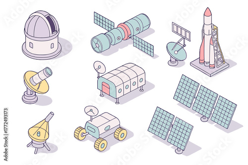 Isometric icons of space exploration technology and astronomy equipment