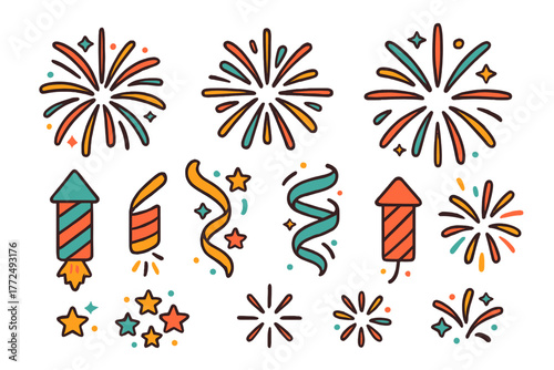 Colorful festive icons featuring exploding fireworks rockets streamers and sparkling stars