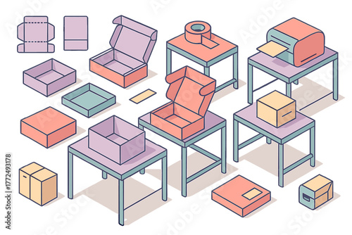 Assembly line elements featuring open and closed shipping boxes, die-cut templates, tape, and a printer