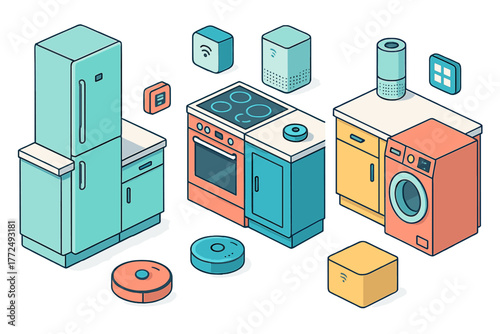 Isometric set of smart home appliances and connected devices for modern kitchen and laundry rooms