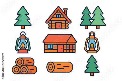 Essential elements of outdoor life and camping including cabins, trees, lanterns, and logs