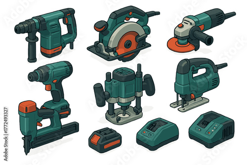 Isometric set of various electric power tools including saw, drill, grinder, and router