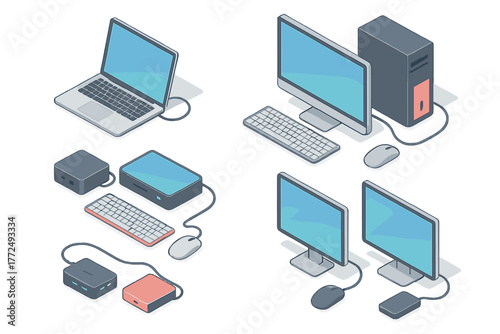 Isometric computer hardware setup with laptop, desktop, monitors, and peripherals