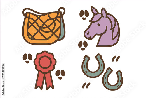 Set of equestrian gear including a purple horse head saddle pad, award rosette, and lucky horseshoes