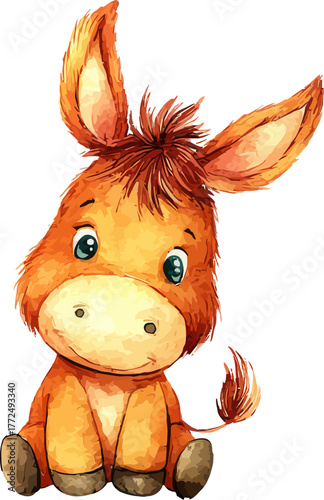 Watercolor stock illustration of a smiling donkey doll is available