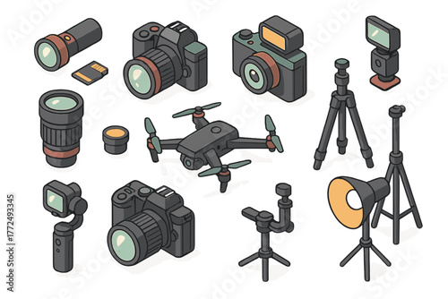 Isometric professional photography and videography equipment set with cameras, lenses, drone, and lighting gear