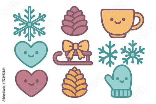Charming winter season elements featuring smiling hearts, snowflakes, pine cones, sled, and warm accessories