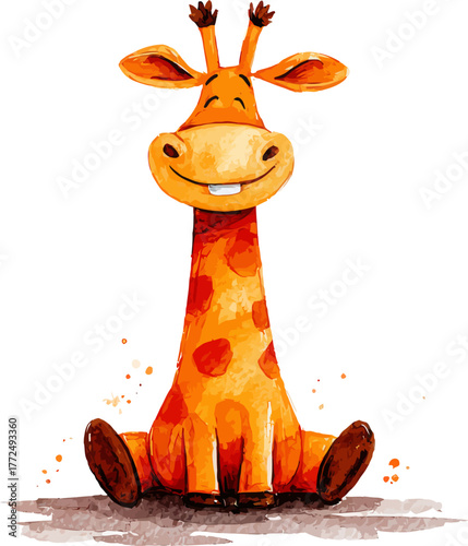 A smiling kid giraffe doll in watercolor style, full body, on a white background, is depicted in this stock illustration