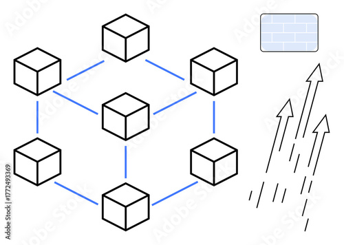 Blockchain cubes connected with lines, security wall graphic, upward arrows representing growth and scalability. Ideal for technology, blockchain, data security, innovation, infrastructure, growth