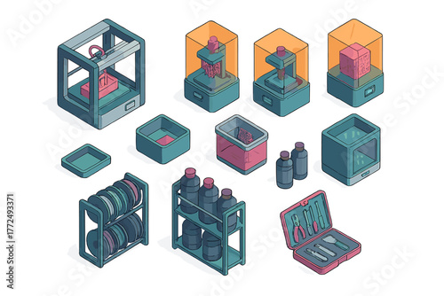 Isometric 3D printing equipment set featuring printers, filament, resin, and tools