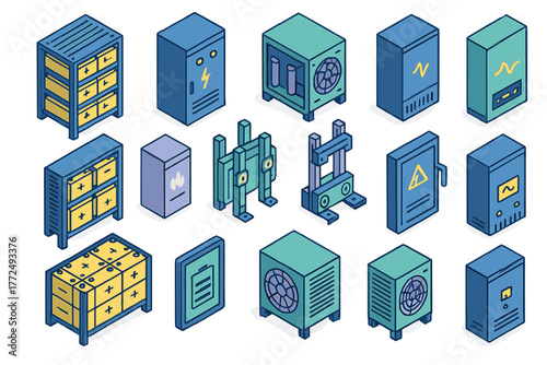 Isometric industrial electrical equipment set featuring battery storage power inverters and control panels