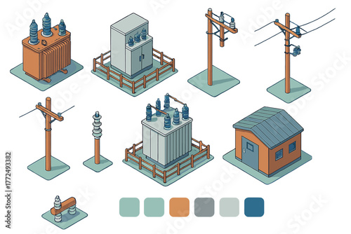 Power grid infrastructure set featuring transformers, utility poles, and substation elements