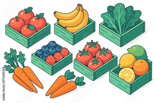 Fresh fruits and vegetables assortment in green wooden crates arranged in an isometric view