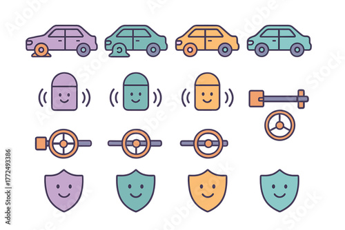 Automobile security, safety, and damage symbols including alarms and steering locks