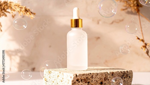 Frosted Glass Pump Bottle with Gold Accents on Stone Base